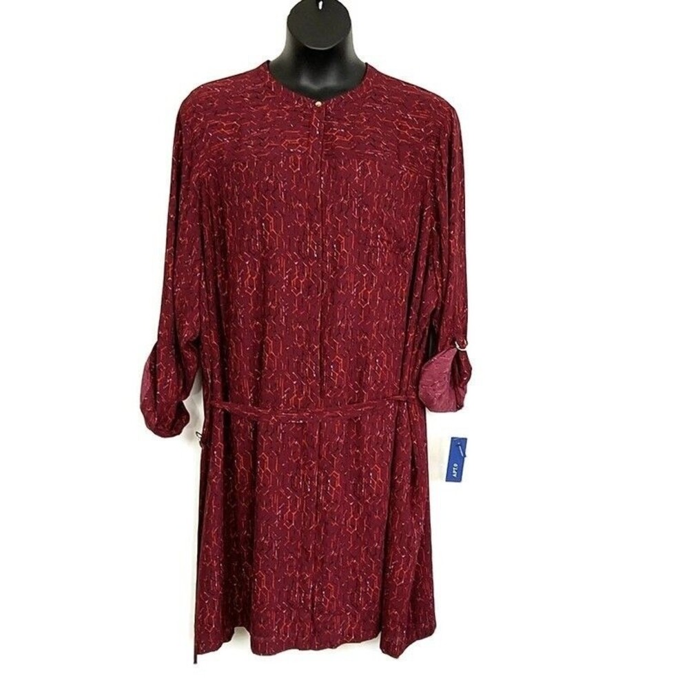 NWT‎ Apt 9 Womens sz 4X Dress Red Geometric Button Belted Roll Tab Sleeve Short